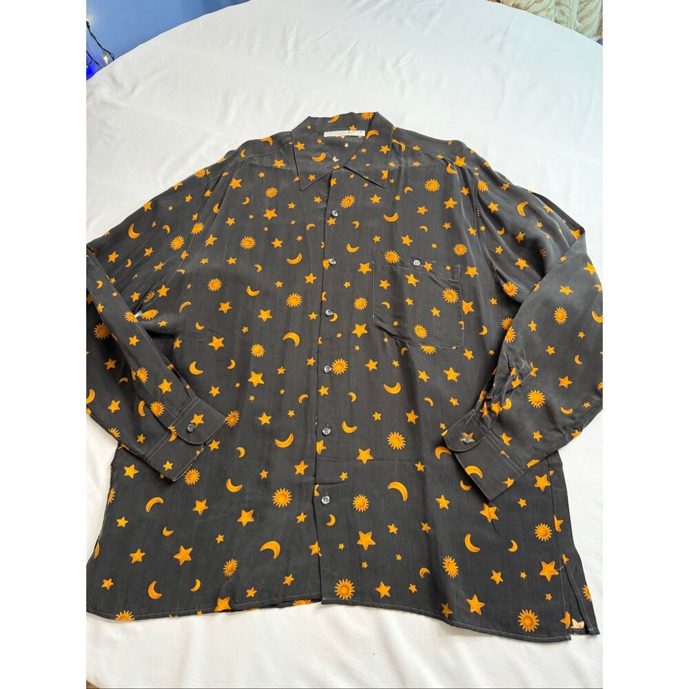 Equilibrio Made In Italy Sun Moon Stars Vintage Dark Grey Silk Shirt Size Large